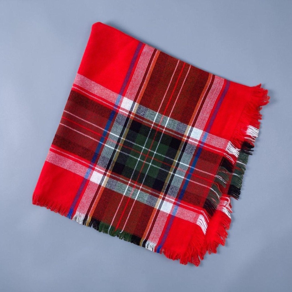 Classic Red Tartan Plaid Square Fringed Scarf 29.5" Preppy Heritage
